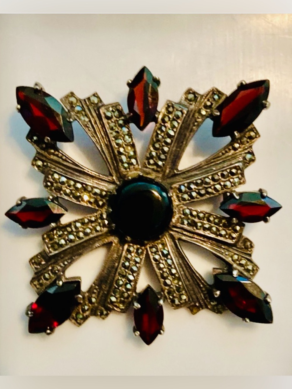Stunning Vintage Sterling Silver Garnet Marcasite  Brooch EUC!!